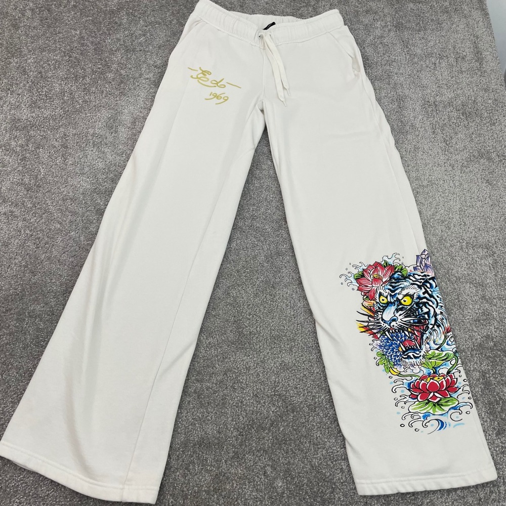 Ed Hardy Sweatpants Womens Small Y2K Wide Leg Tiger Gold Logo Streetwear